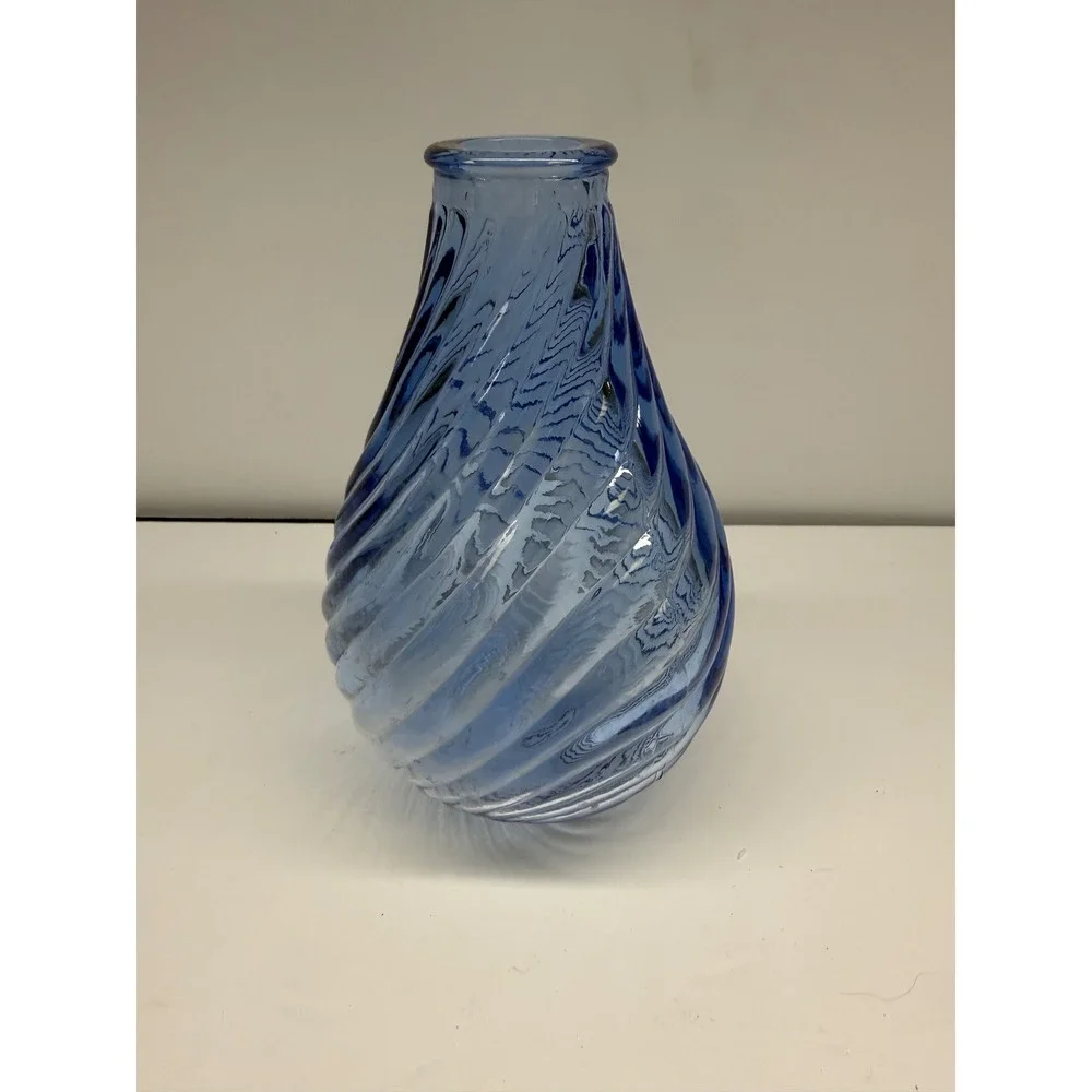 Hand Blown Blue Swirl Optic Glass Vase Teardrop Spiral Art Glass 6 Inch